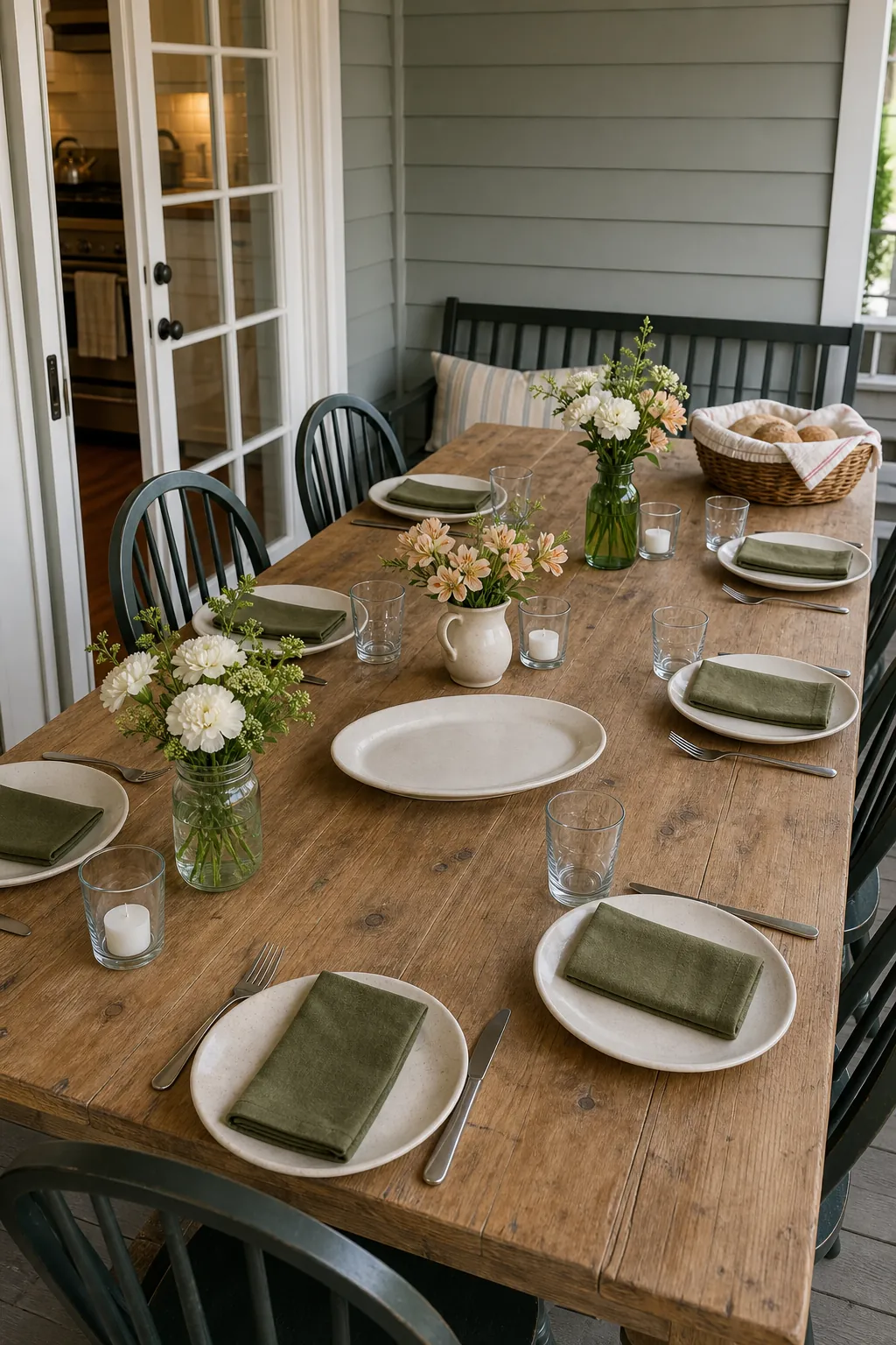 Low bud vase centerpiece and sturdy votives on an elegant inexpensive table setting
