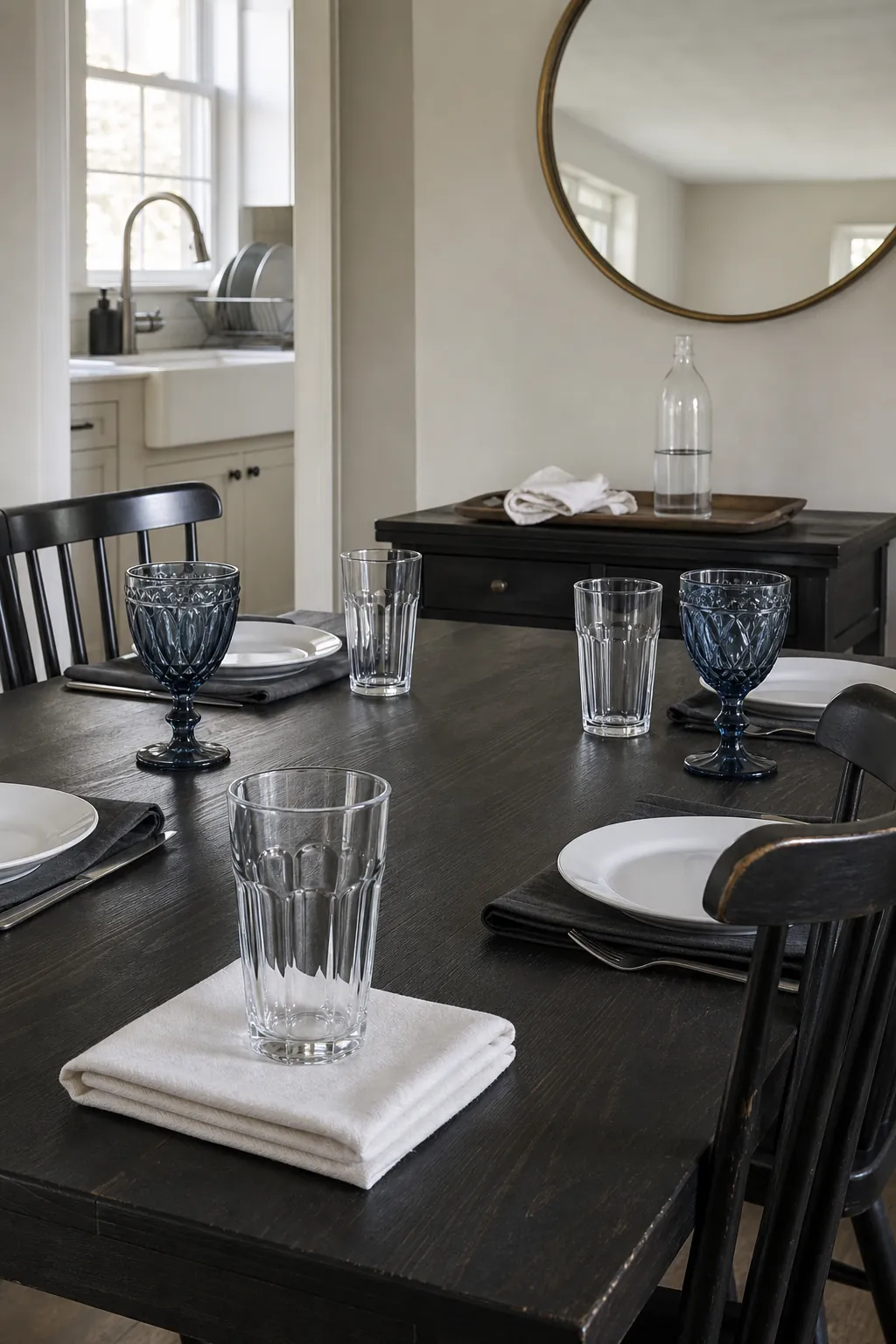 Polished clear tumblers and two colored goblets arranged with inexpensive plates
