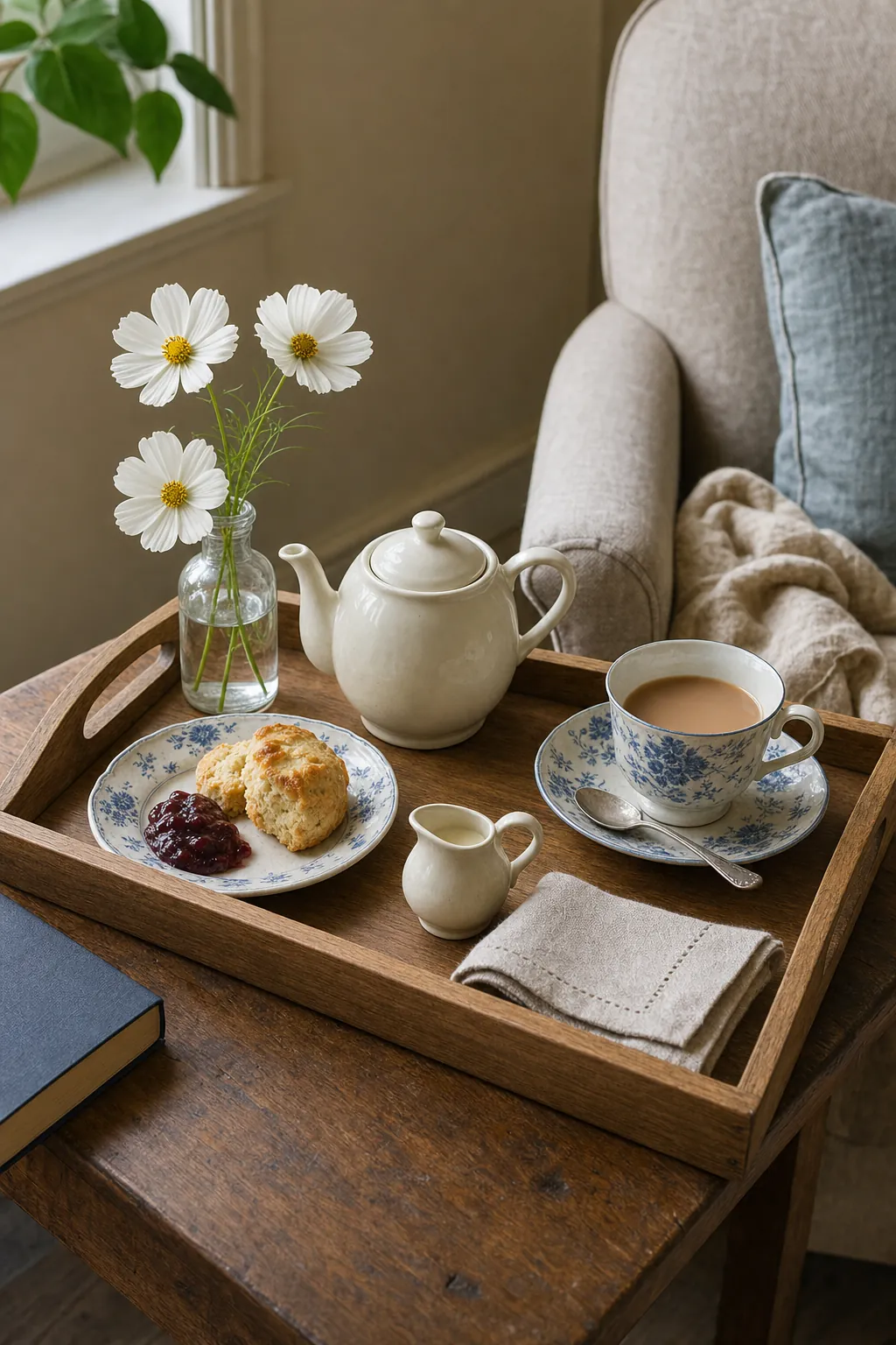 Pretty wooden tea tray with vintage teacup, cream teapot, scone, and flowers