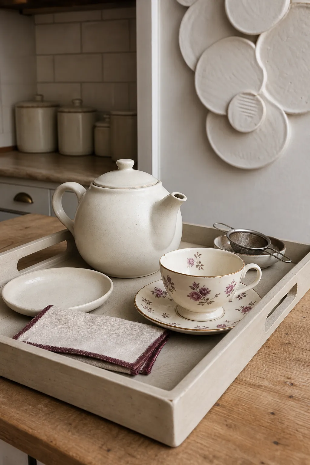 Cream teapot and floral vintage teacup arranged as anchors on a cozy tea tray