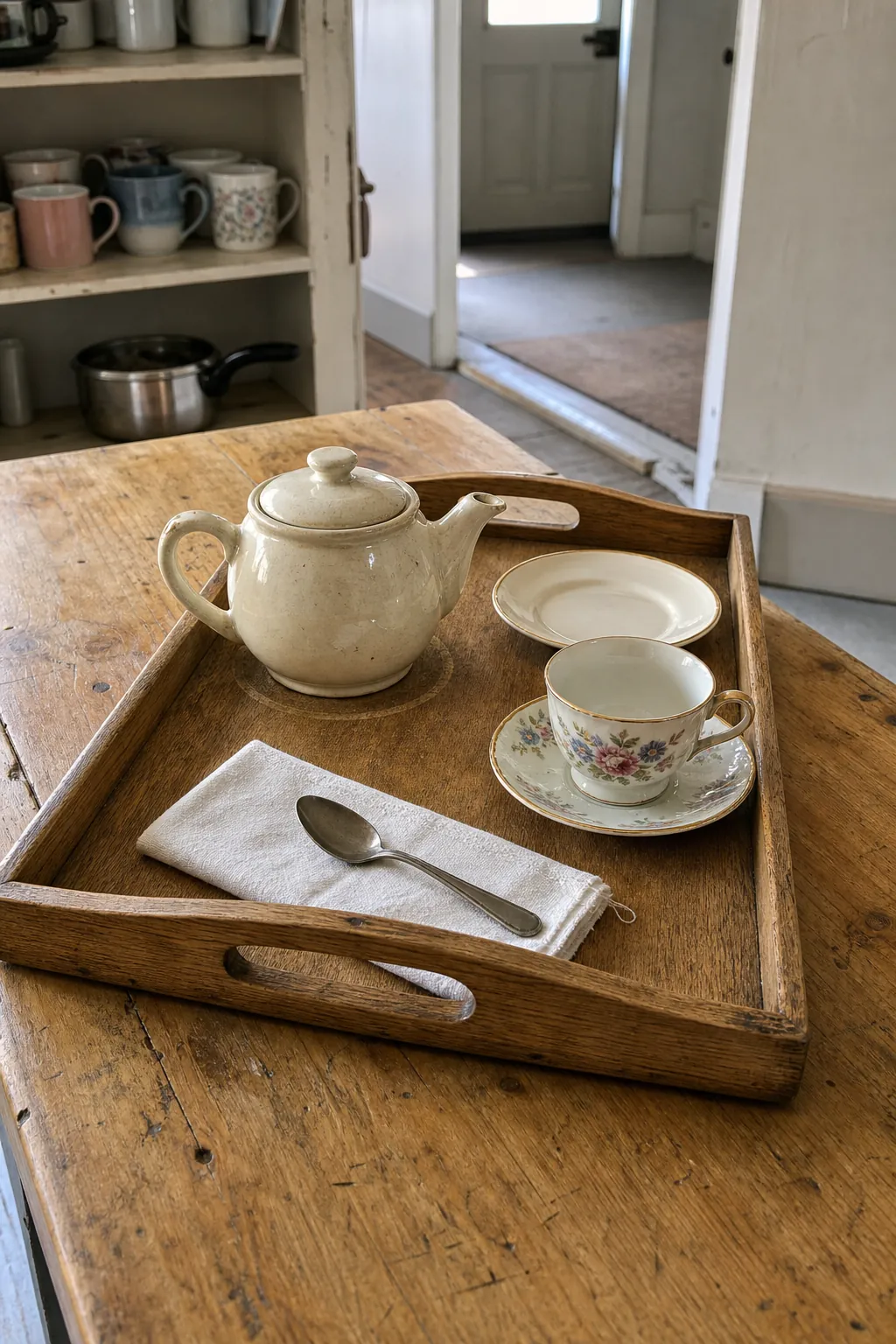 Wooden tea tray with raised rim, clear handles, teapot, and vintage teacup