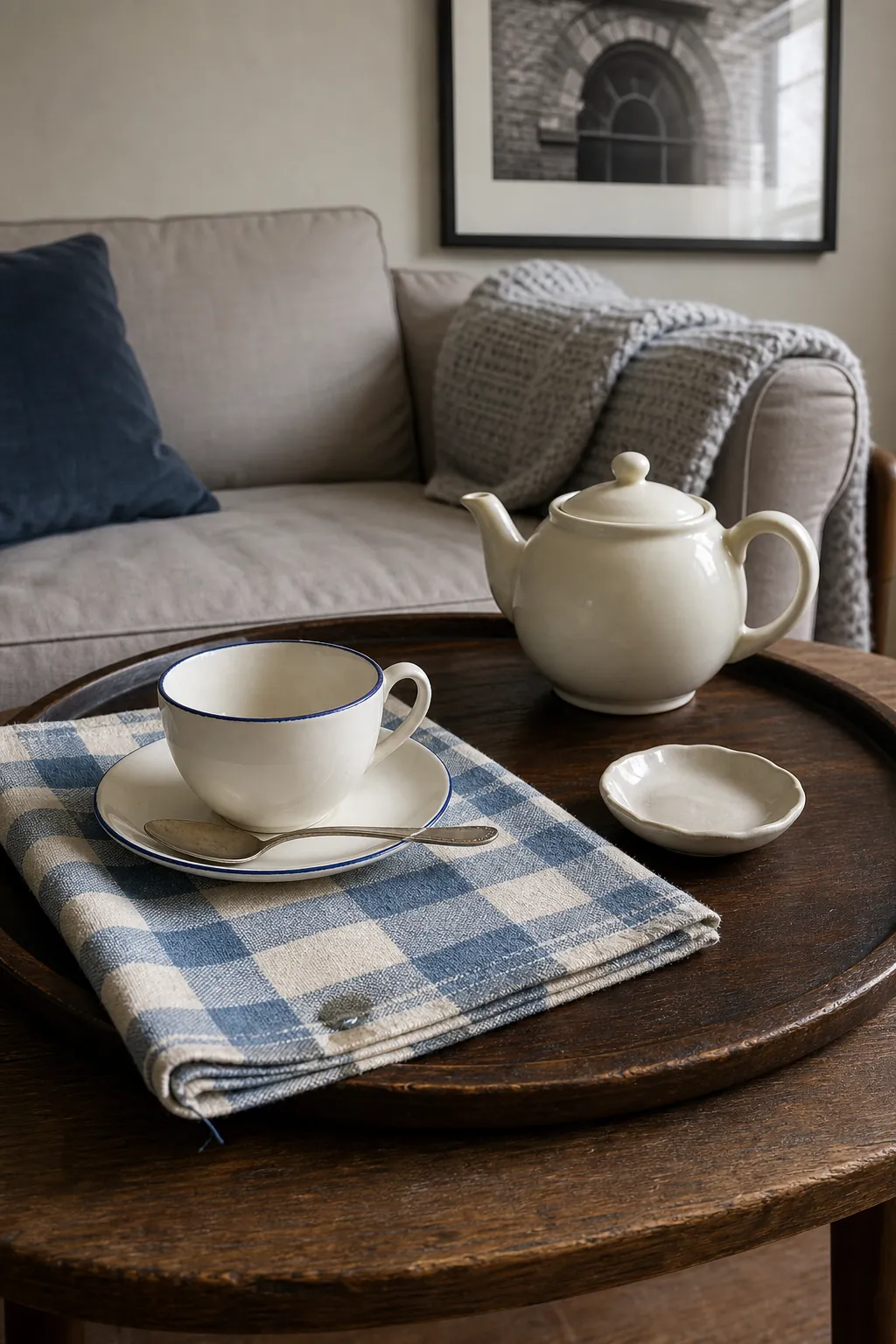 Folded checked tea towel cushioning a teacup and spoon on a tray
