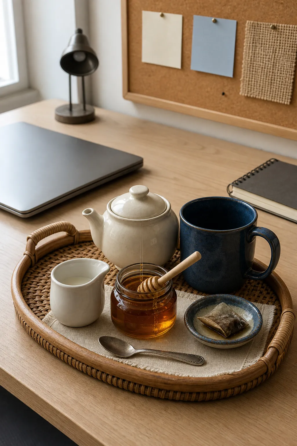 Small milk jug, honey pot, and teaspoon grouped neatly on an afternoon tea tray