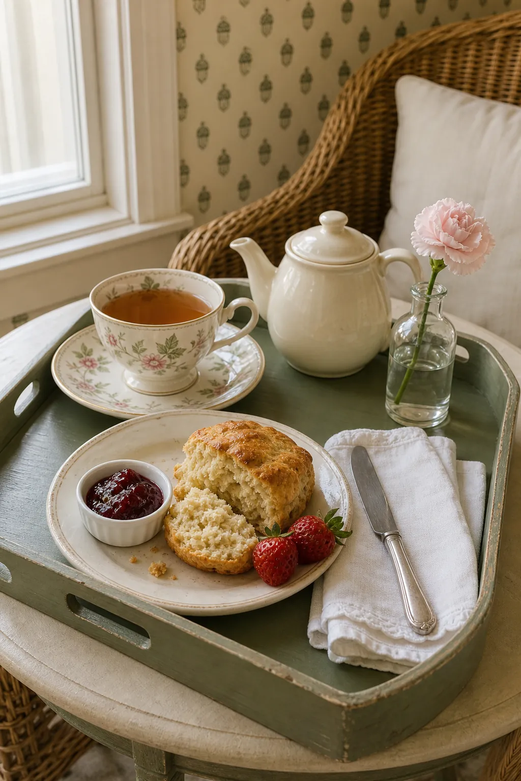 Warm scone with berry jam beside a teacup on a pretty tea tray