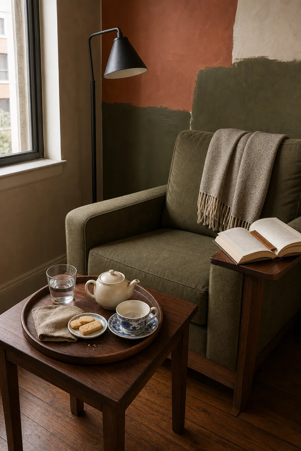 Compact tea tray on a reading nook side table with book and clear cup space