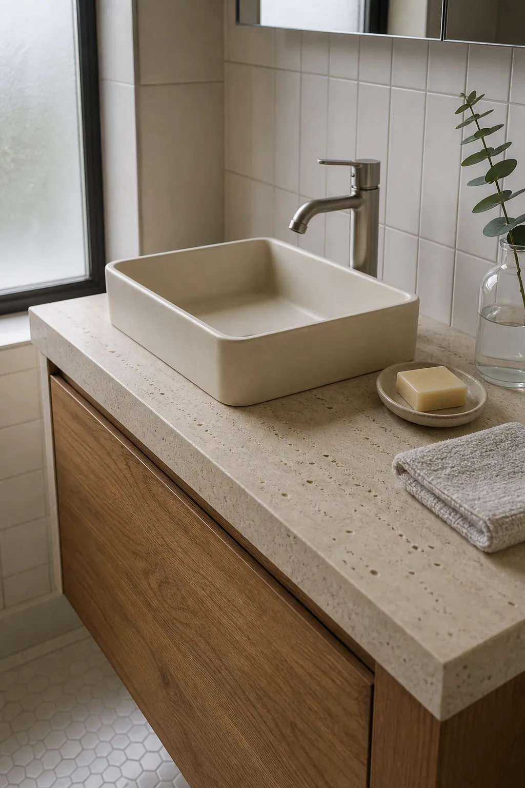 Honed stone vanity with warm wood accents in a natural bathroom
