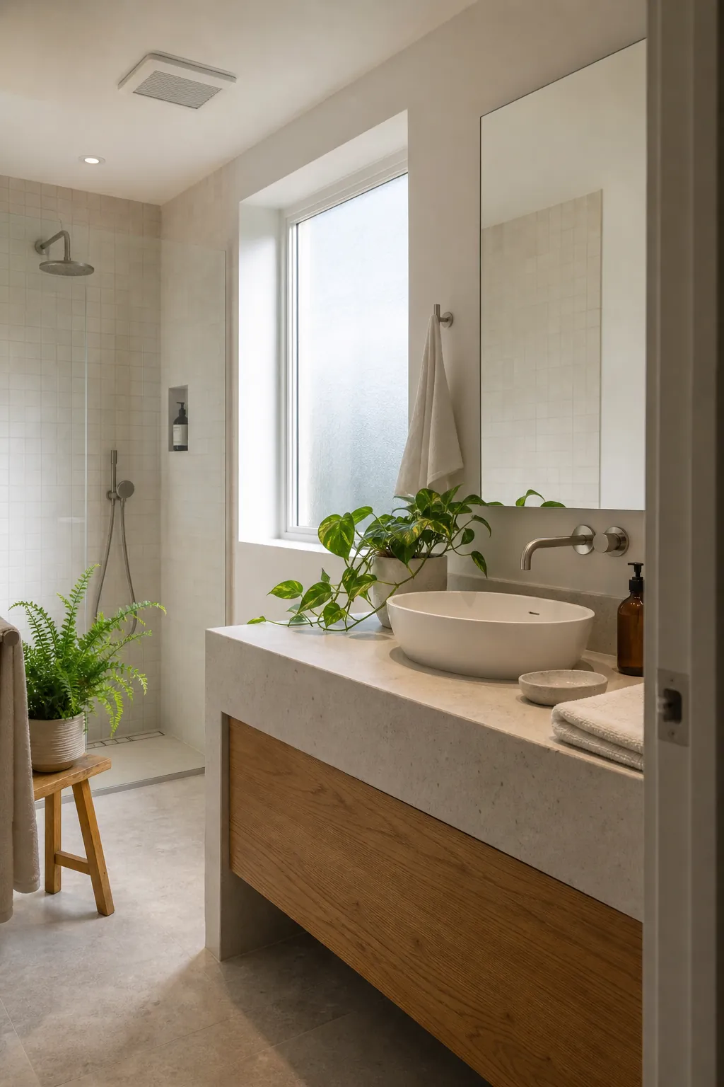 Natural bathroom decor with stone vanity wood details and healthy plants