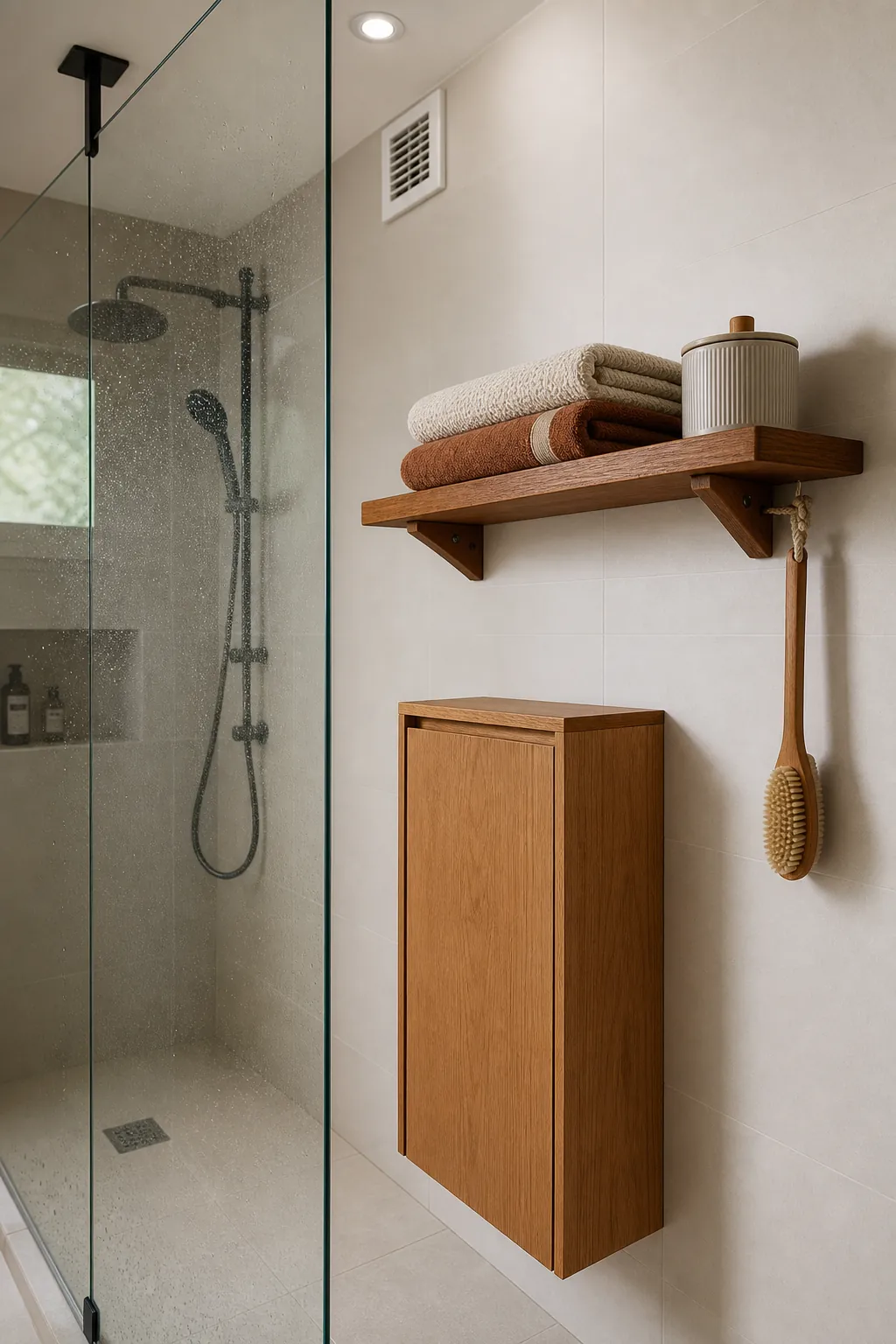 Sealed wood bathroom shelf with organized towels and toiletries