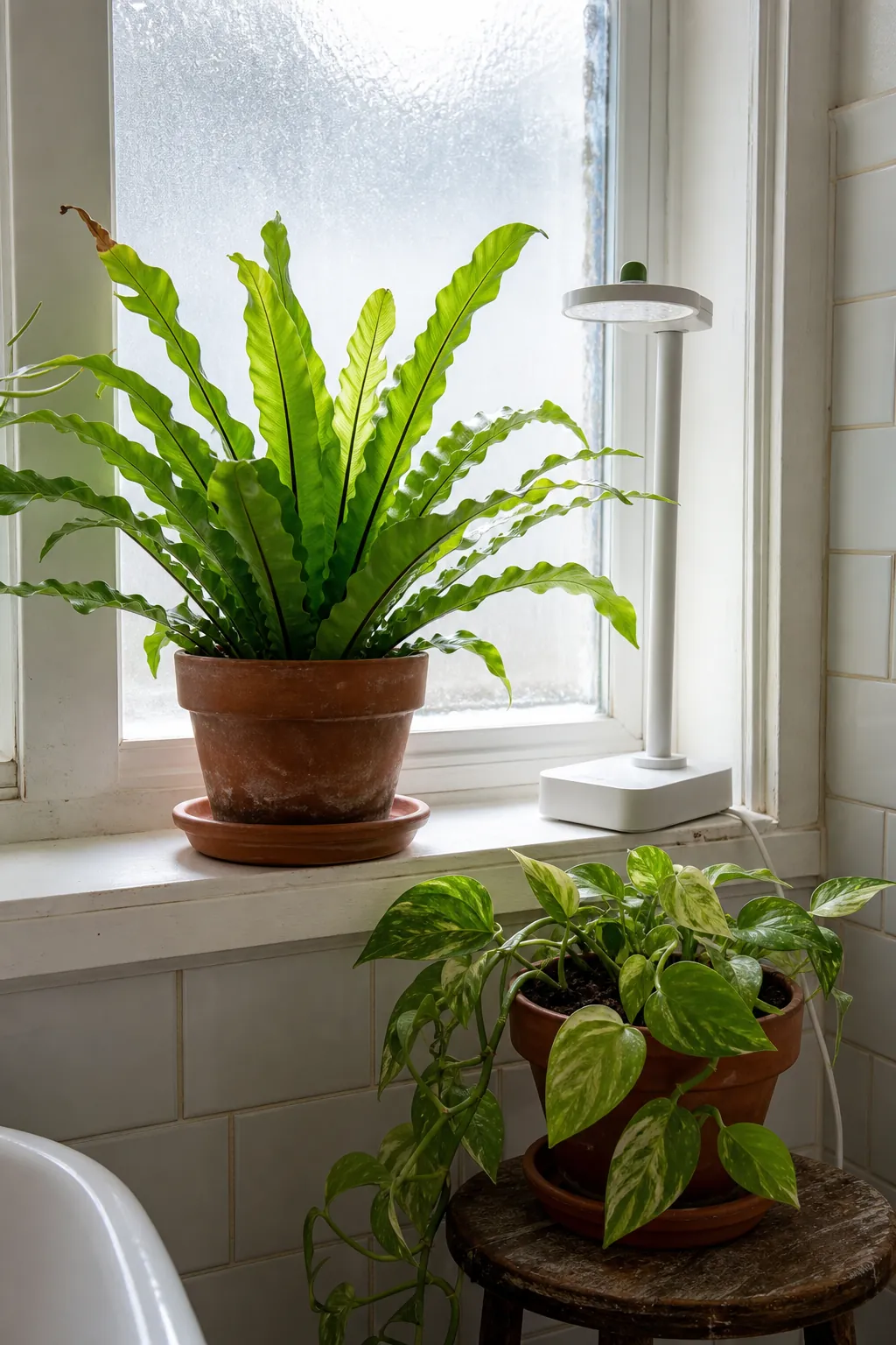 Healthy bathroom plants grouped near a filtered-light window