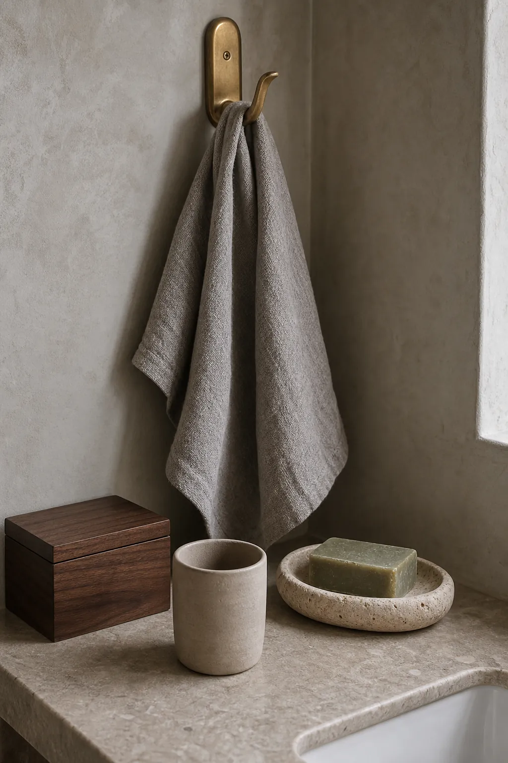 Earthy bathroom palette with cotton stone ceramic and wood textures
