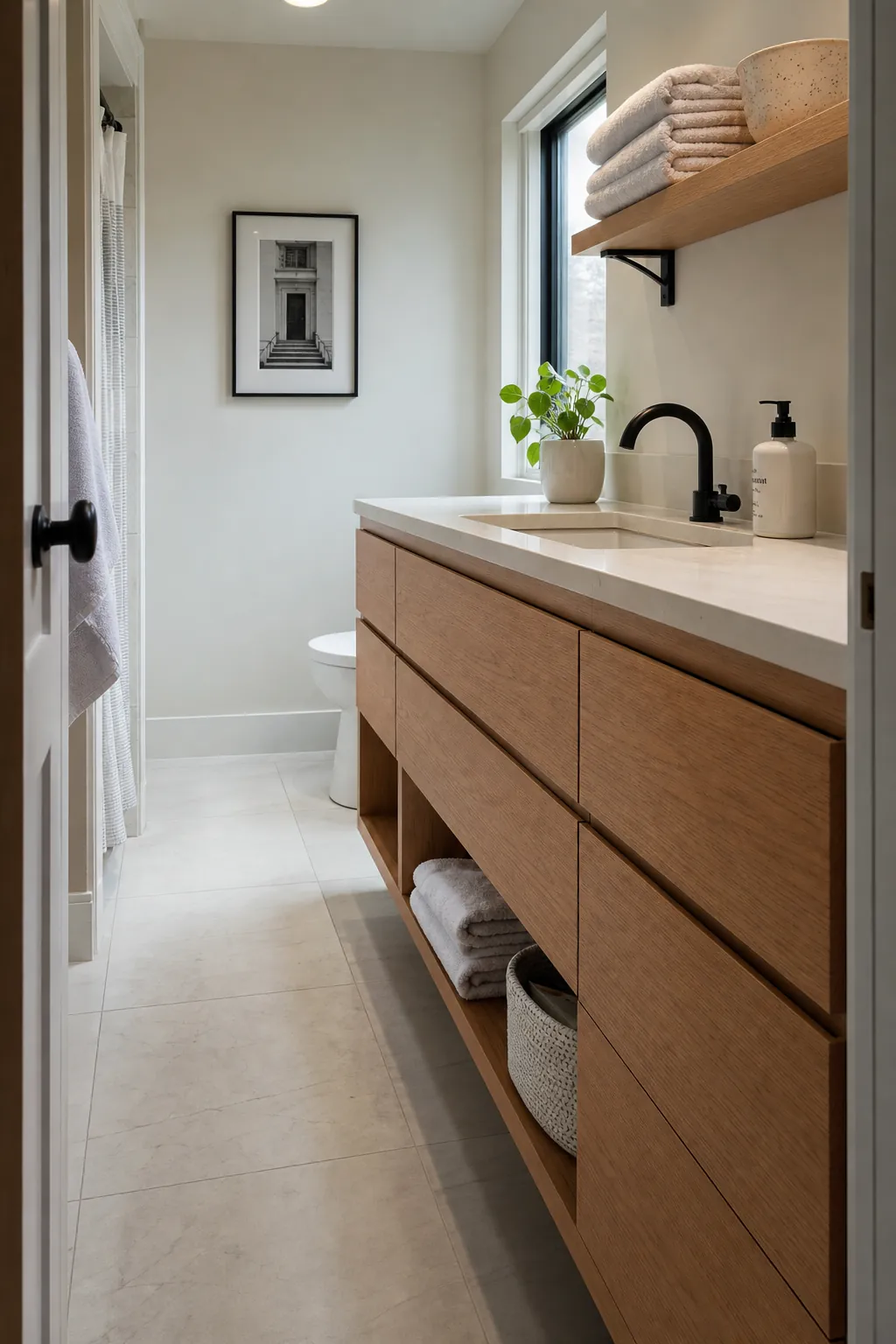 Calm natural bathroom storage with closed vanity and one open shelf
