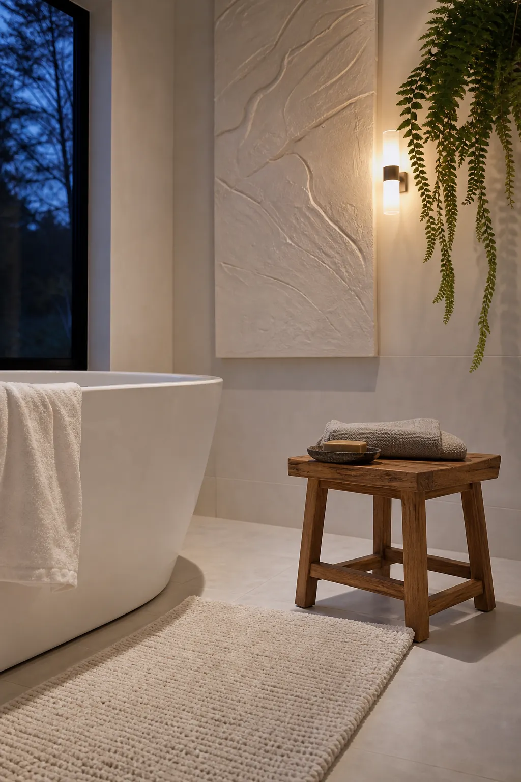 Simple spa bathroom details with teak stool linen towel and stone tray