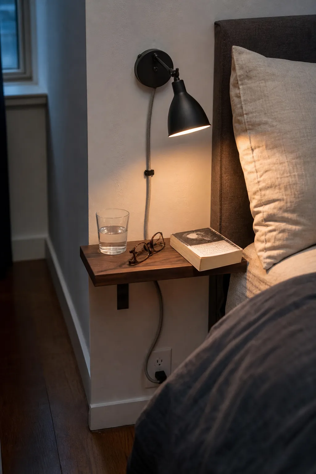 Floating bedside shelf and plug-in sconce in a mini bedroom