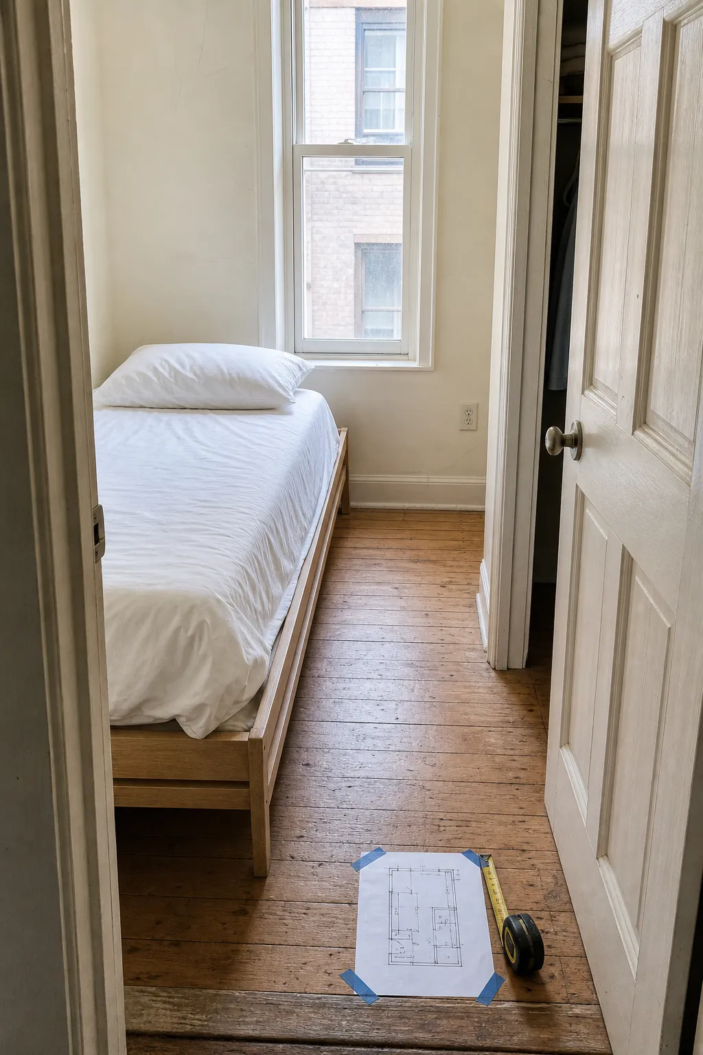 Extremely small bedroom with a clear walkway beside a wall-positioned bed