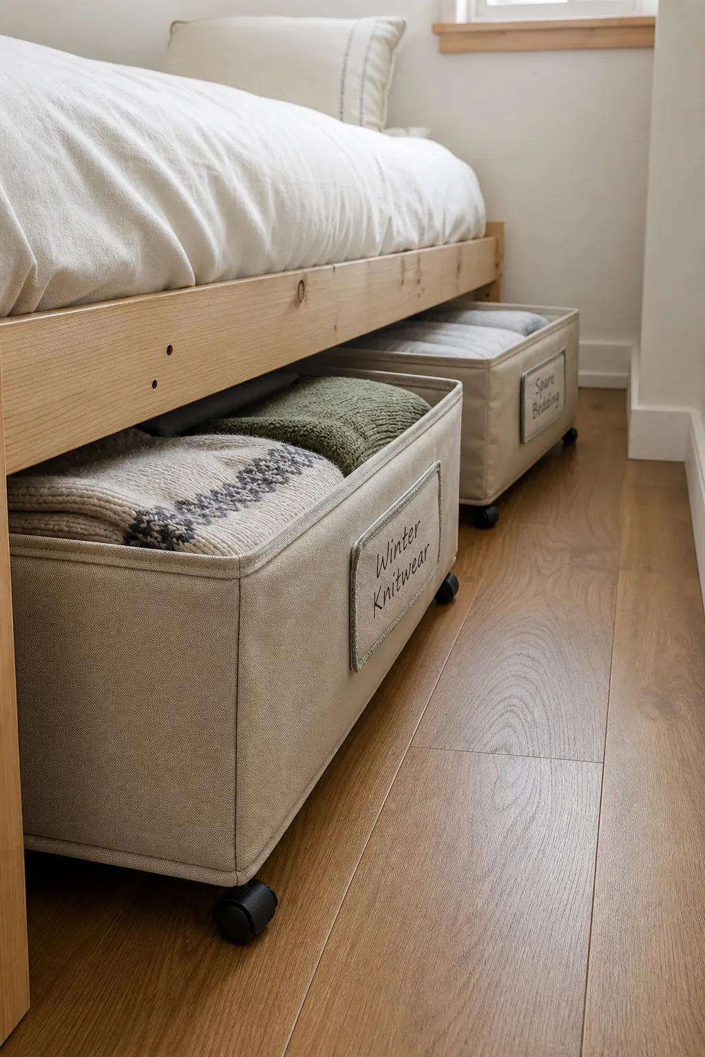 Organized rolling under-bed storage in an extra small bedroom