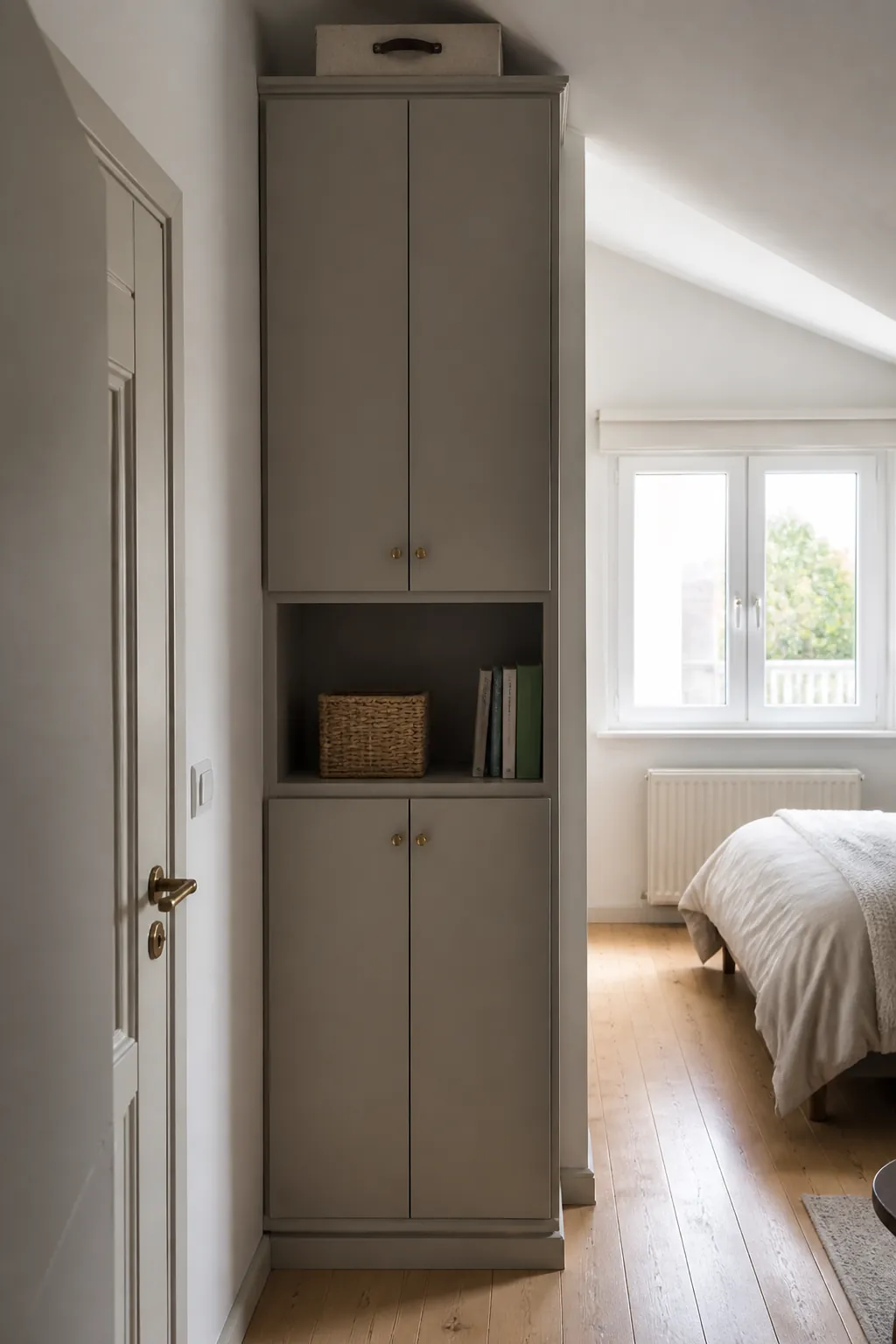 Floor-to-ceiling narrow storage in a very small bedroom design