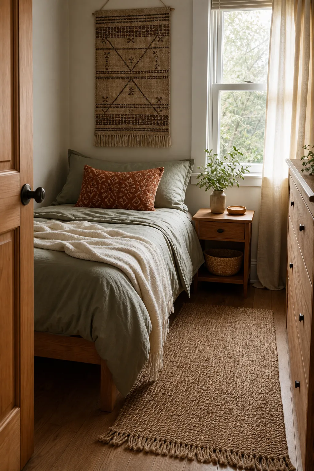 Warm finished tiny bedroom with restrained natural textures