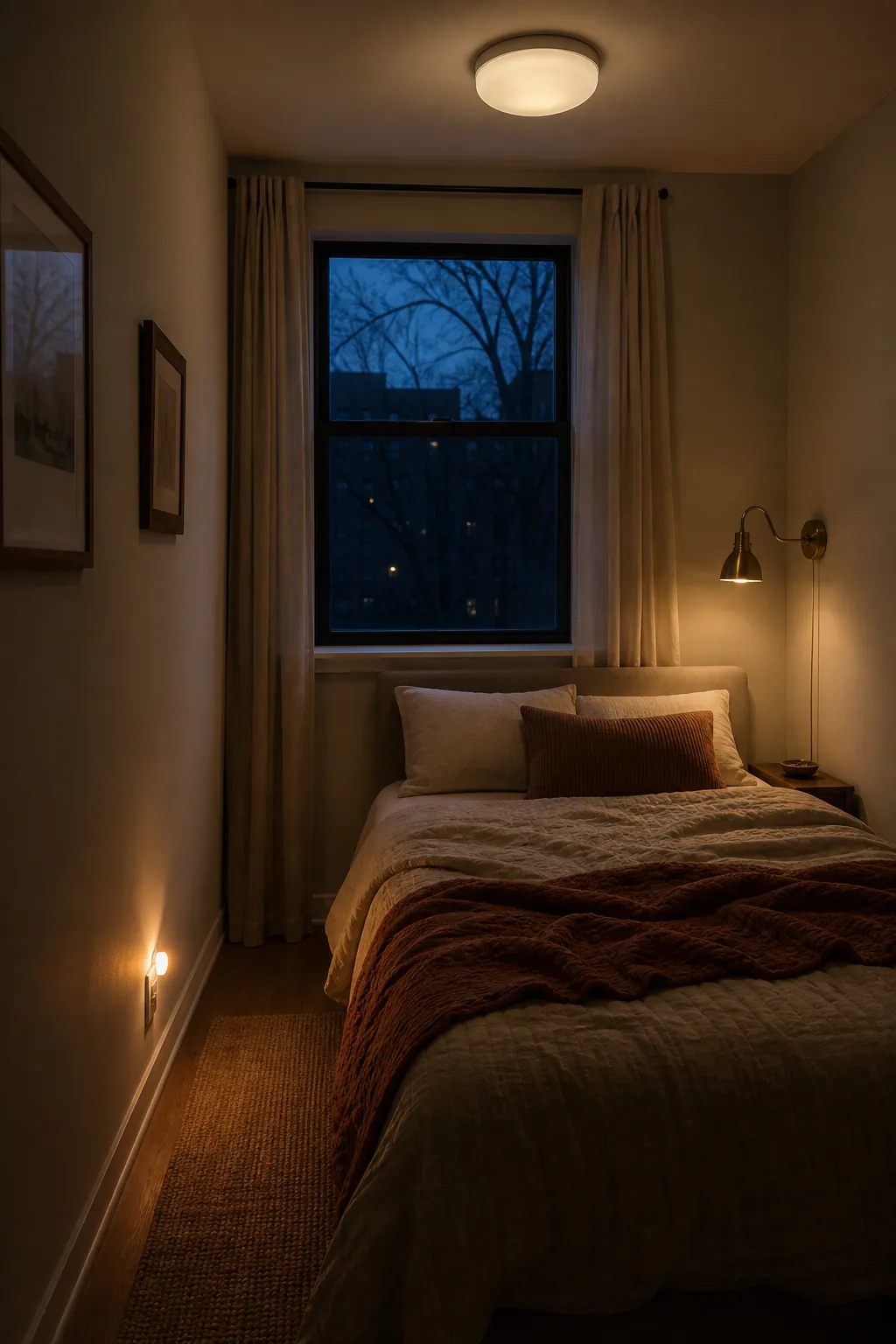 Cozy layered lighting in a very tiny bedroom