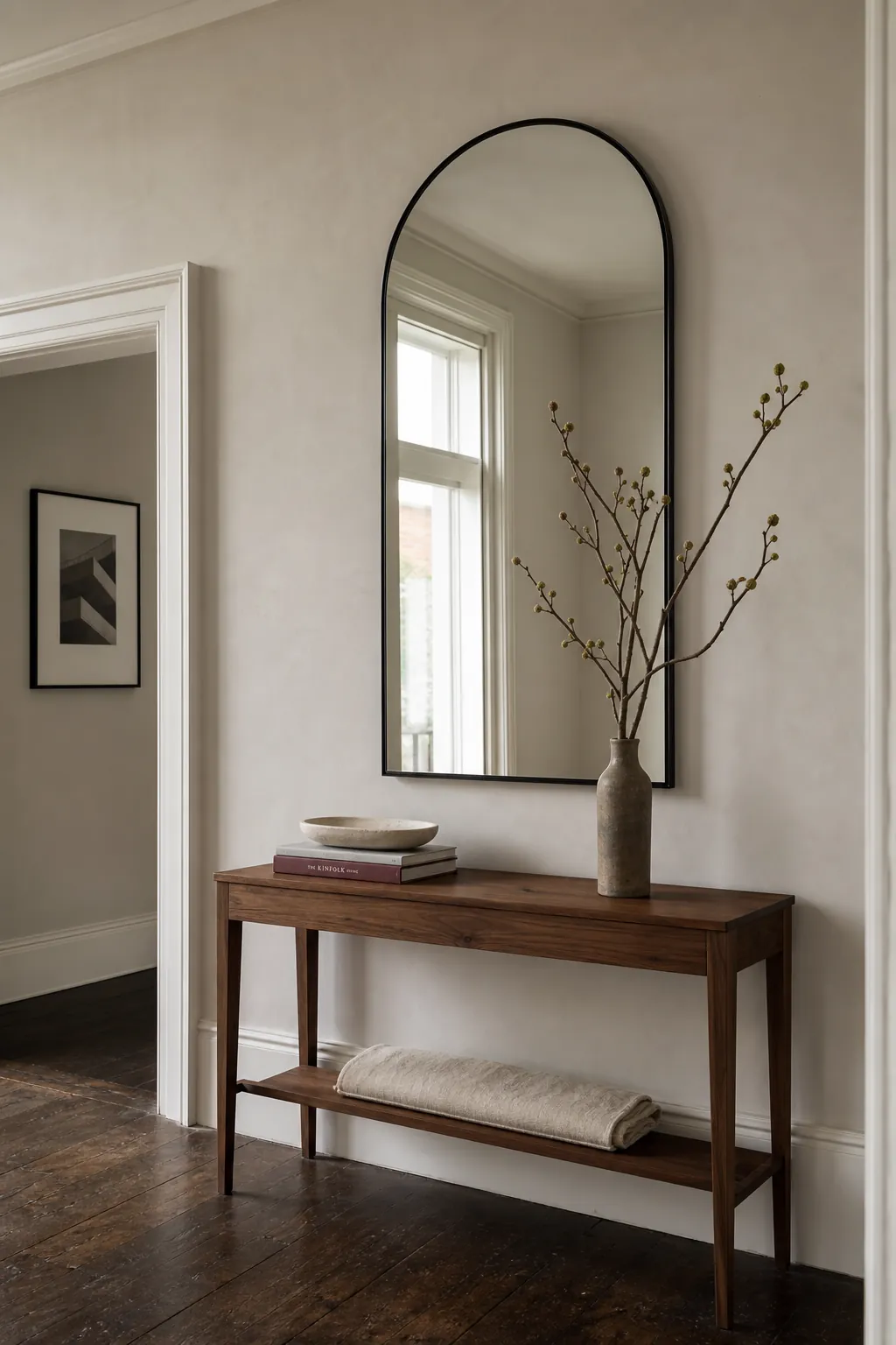 Arched entryway mirror proportioned above a walnut console table