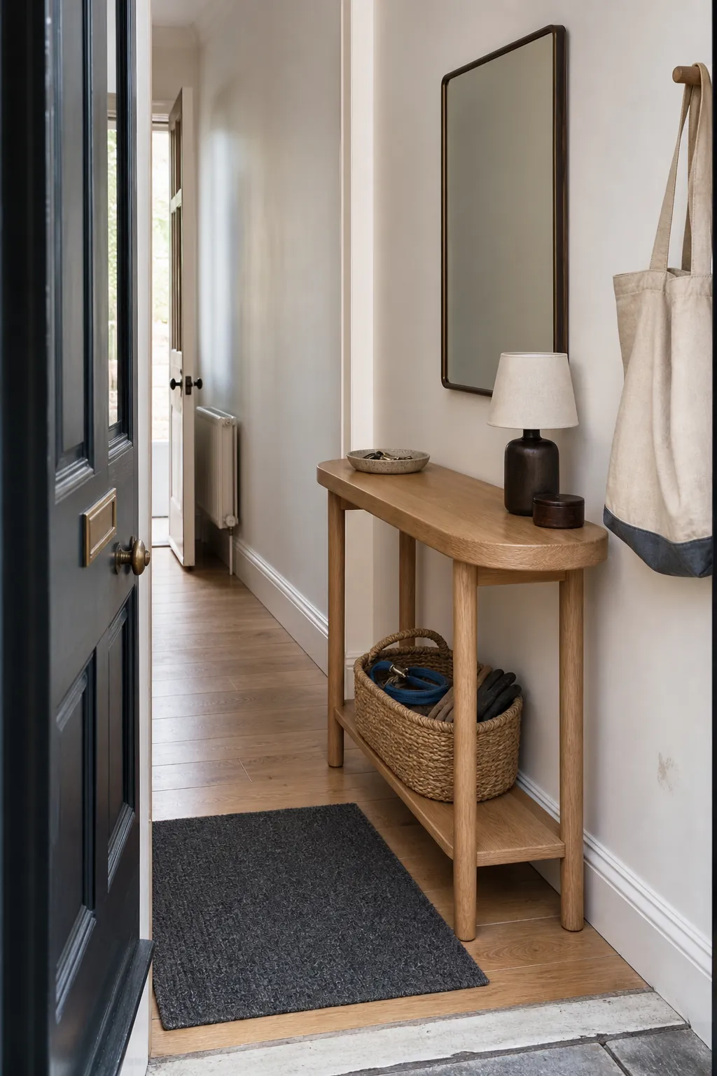 Slim wood console table and entryway mirror beside a clear front door walkway