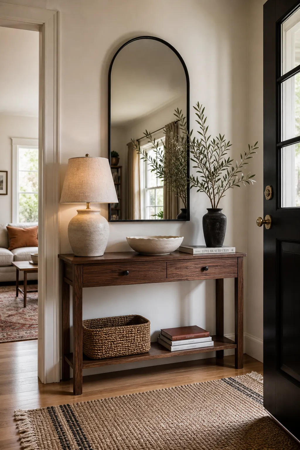 Warm entryway with an arched mirror styled above a slim walnut console table