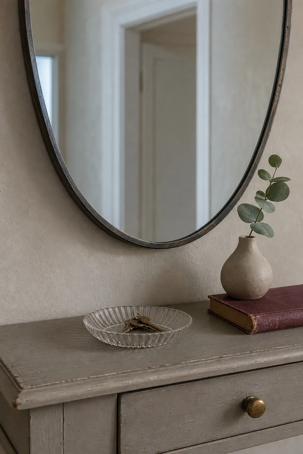 Close view of the correct hanging gap between a wall mirror and console table