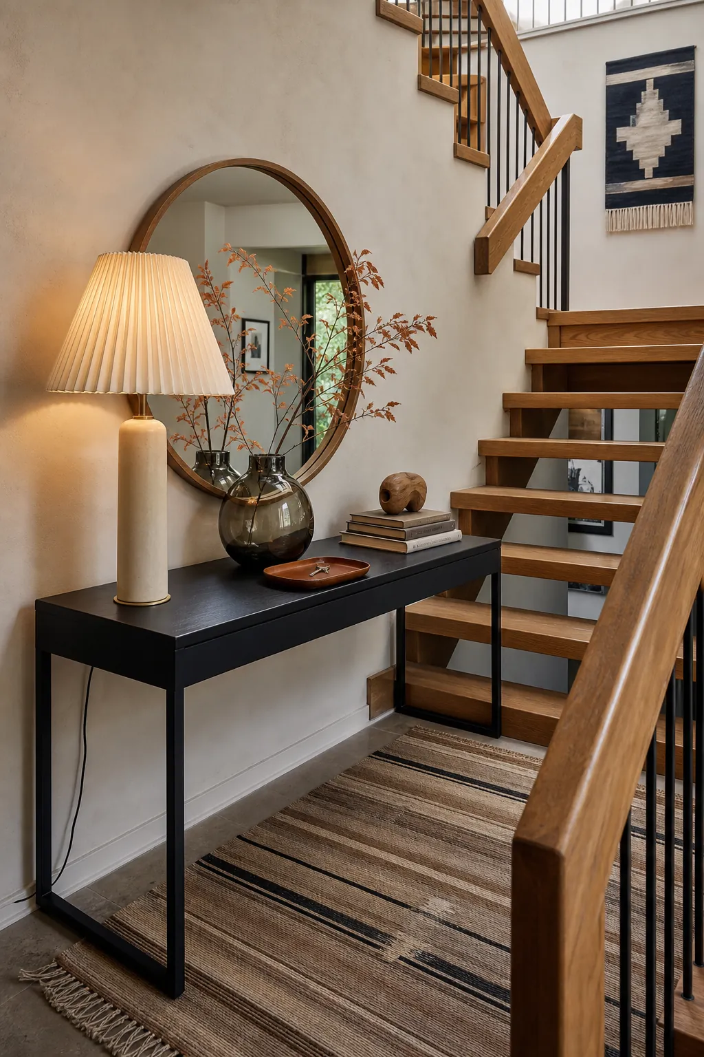 Asymmetrical console table decor with lamp branches books and key bowl