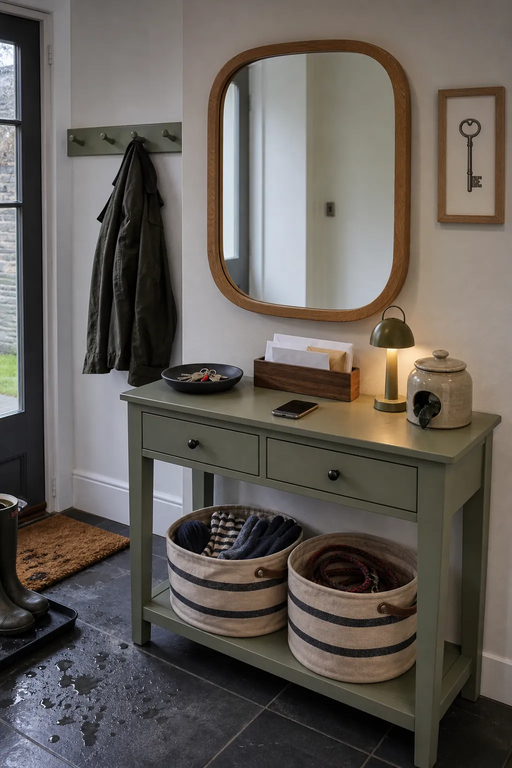 Functional entryway landing zone with key tray lamp mirror and storage baskets