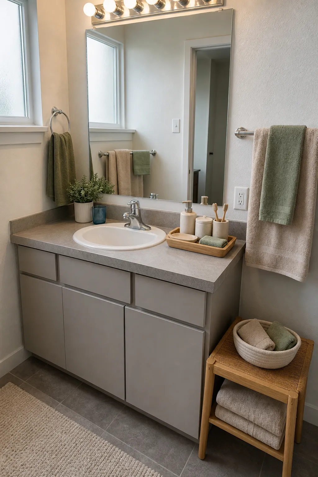 Rental bathroom with coordinated cream, bamboo and sage decor