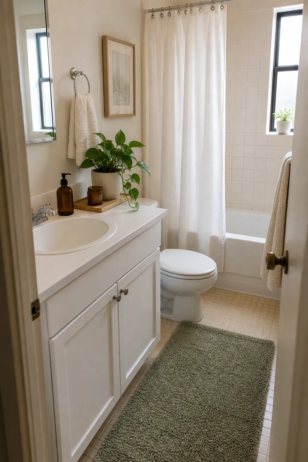 Warm renter friendly bathroom that feels settled and personal