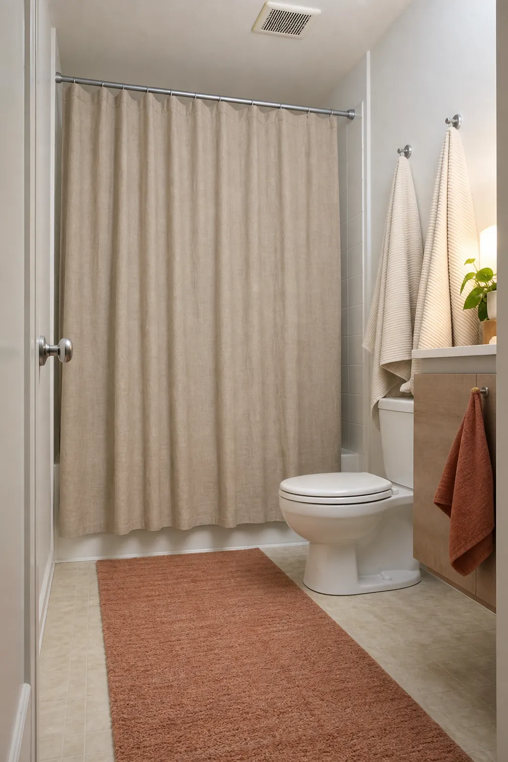 Renter friendly bathroom decor with a tall linen shower curtain and washable rug