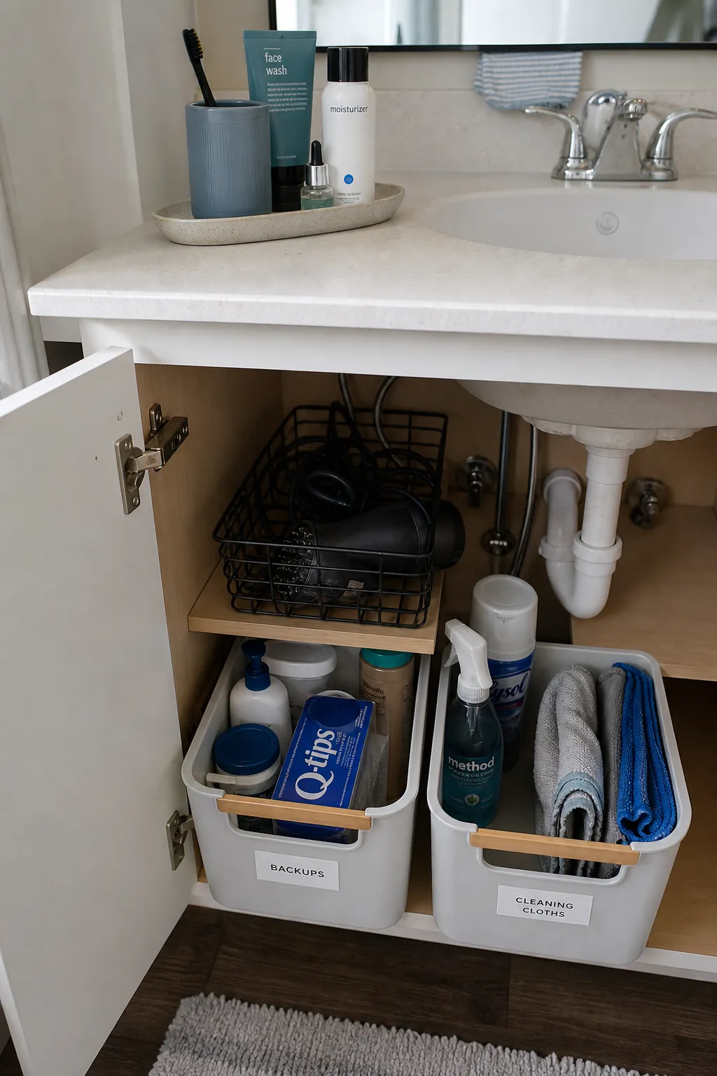 Small rental bathroom storage organized into practical daily-use zones