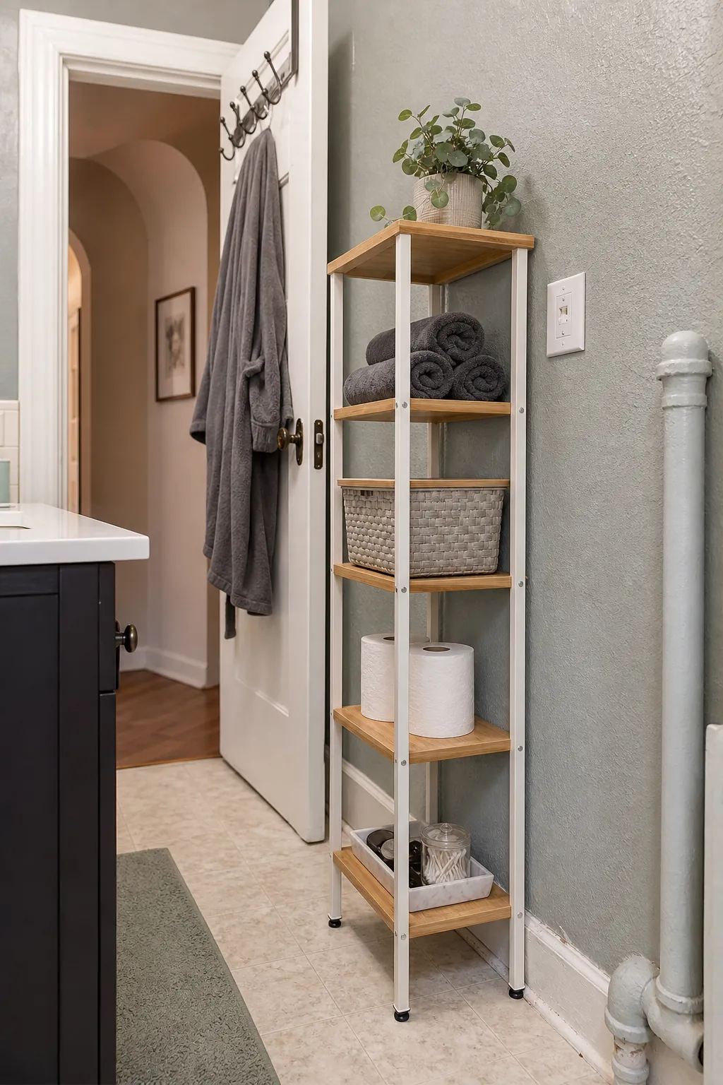 No renovation bathroom shelves and freestanding renter safe storage