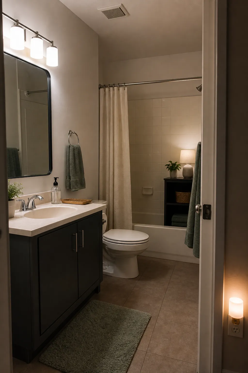 Spa bathroom mood created with renter friendly layered lighting