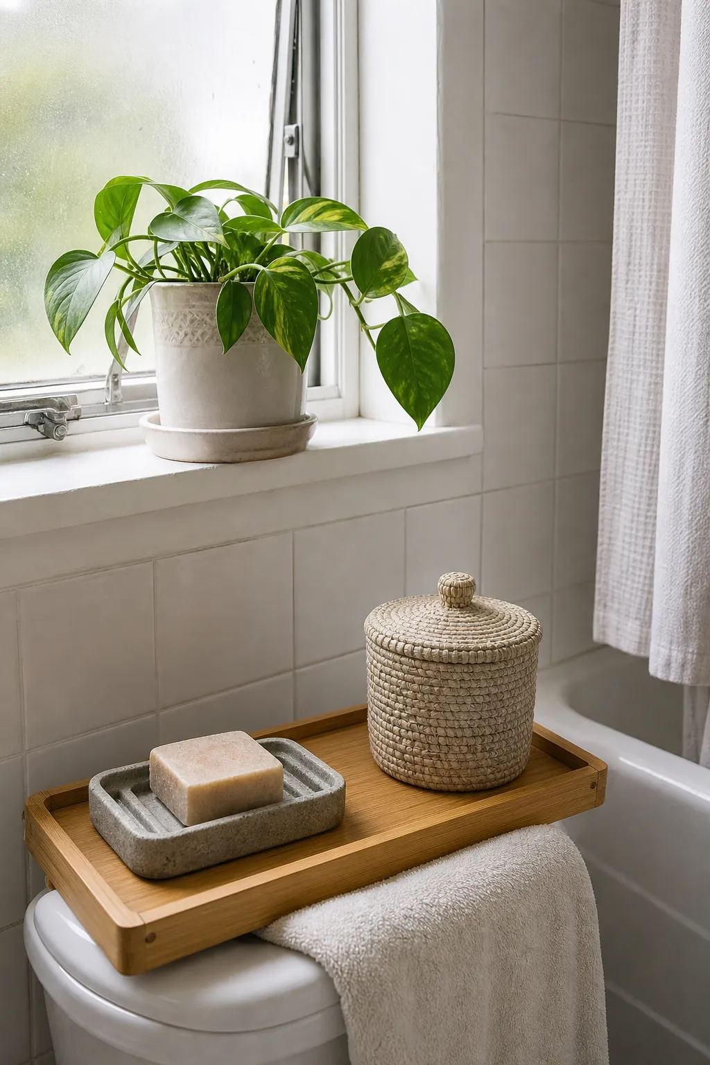 Natural rental bathroom with bamboo accessories and a healthy bathroom plant