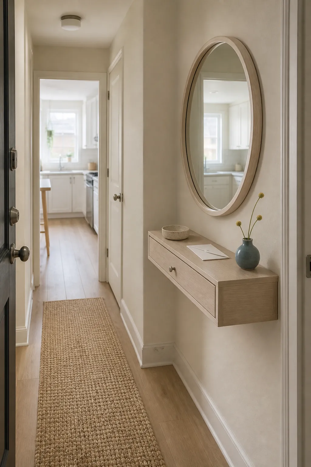 Pale oak round mirror brightening a narrow foyer with a shallow shelf