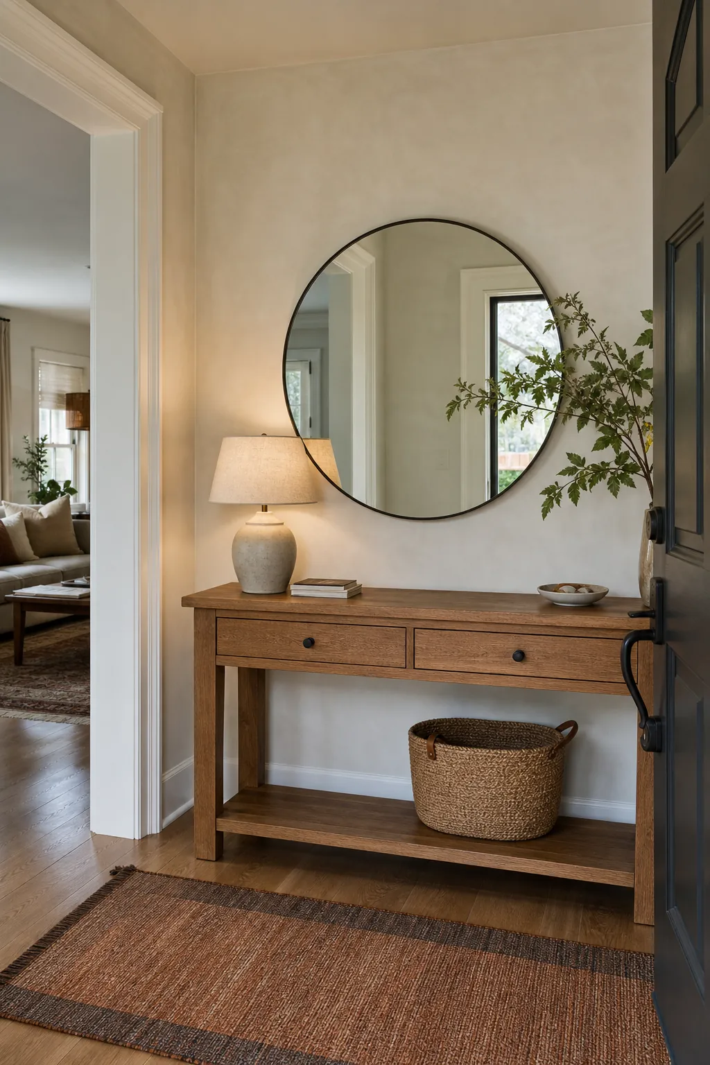 Soft entryway with a round mirror above a warm oak console