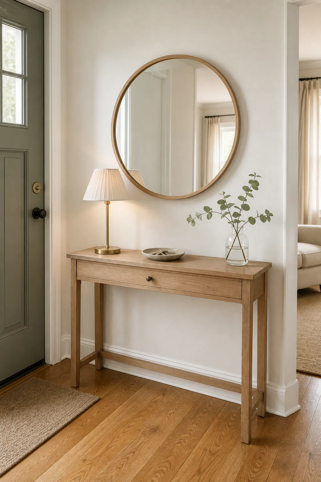 Round mirror above a slim oak entryway console with a key tray and lamp
