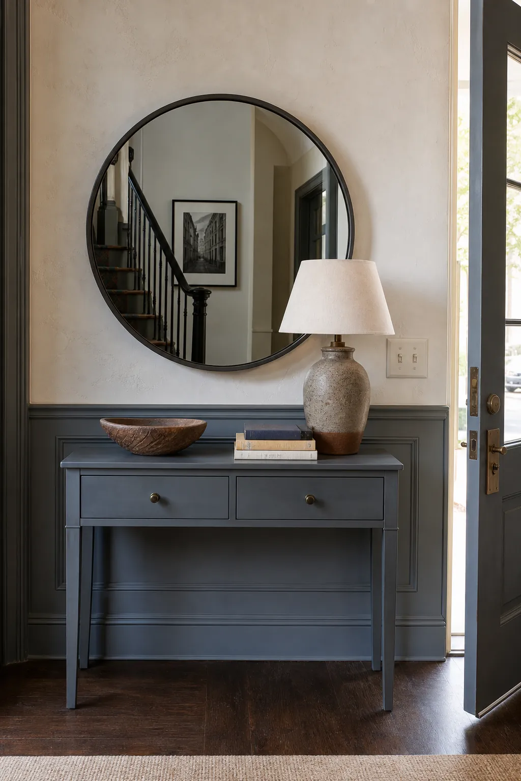 Correctly hung round entryway mirror over a compact painted console
