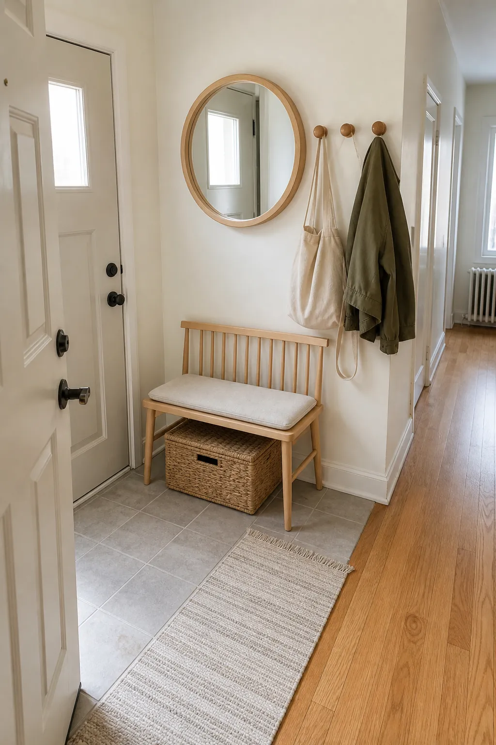 Round mirror above a small entryway bench with shoe basket and wall pegs