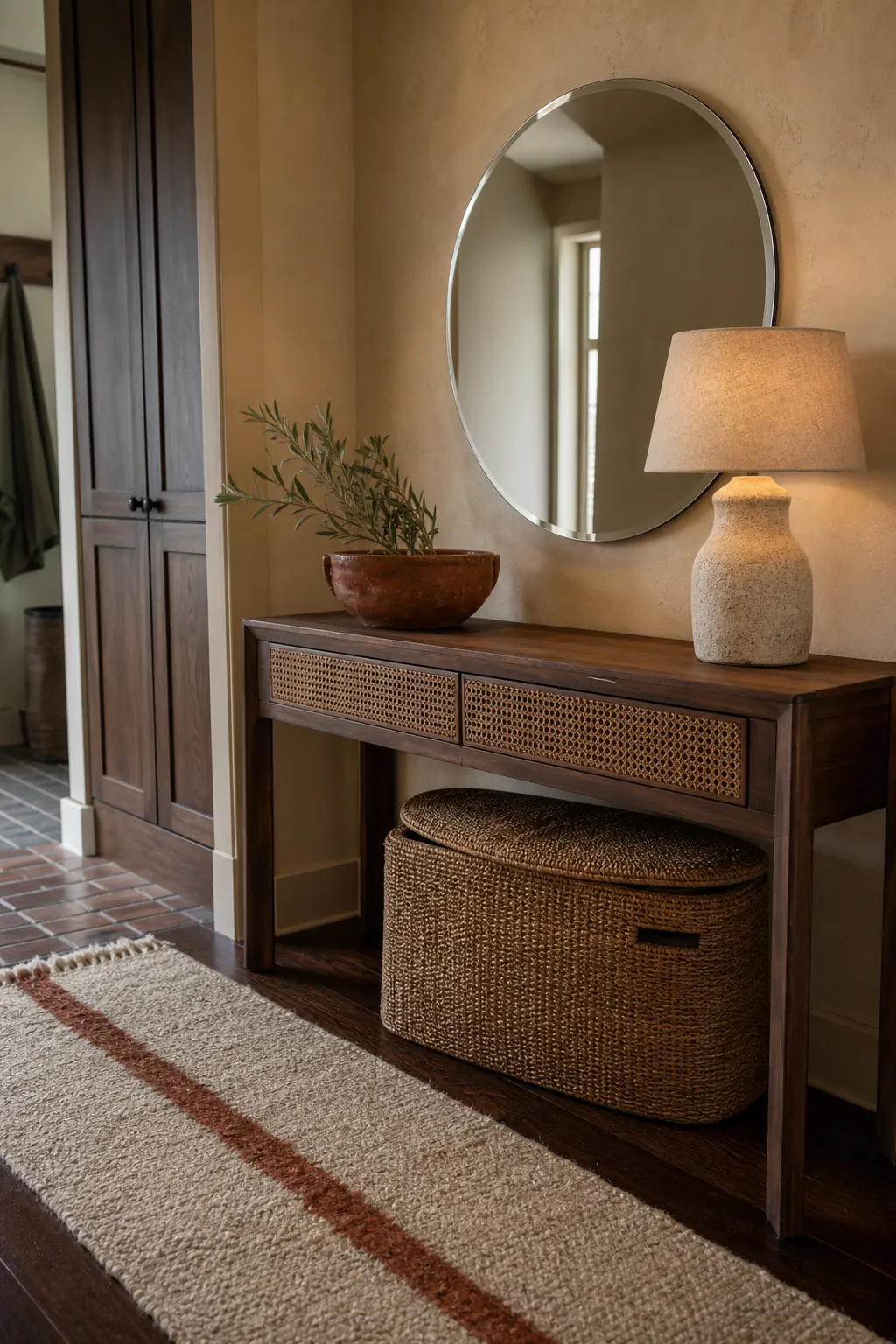 Textured warm entryway decor with round mirror, linen lamp and woven basket