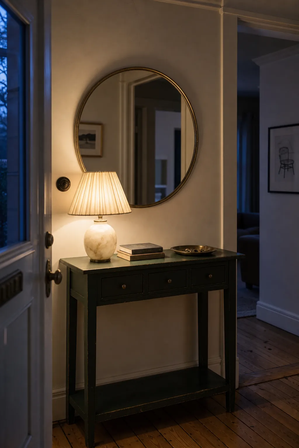 Round entryway mirror illuminated by a soft shaded lamp at dusk