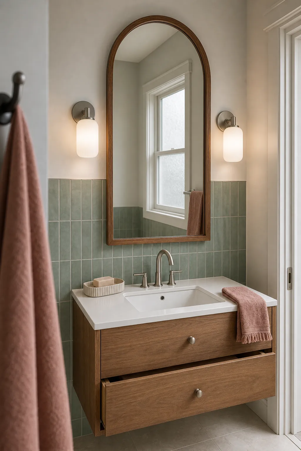 Arched mirror with sealed wood frame in a natural bathroom