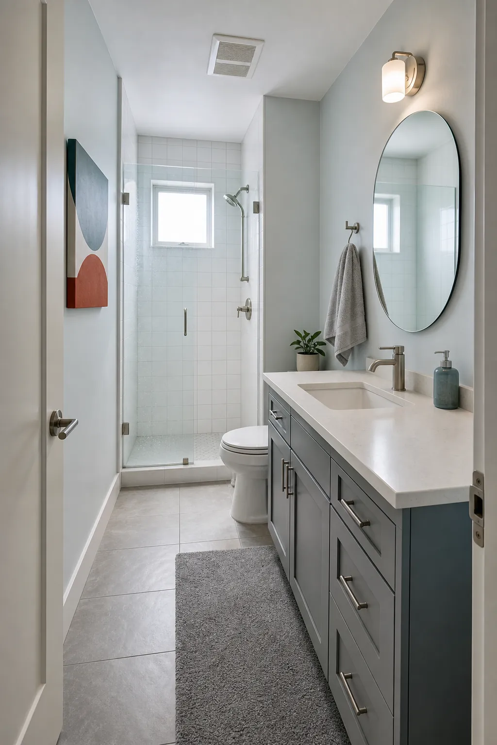 Small bathroom showing wet damp and dry wall decor zones