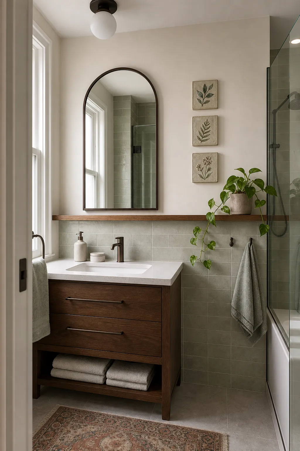 Humidity friendly bathroom wall decor with mirror ceramic art and plants