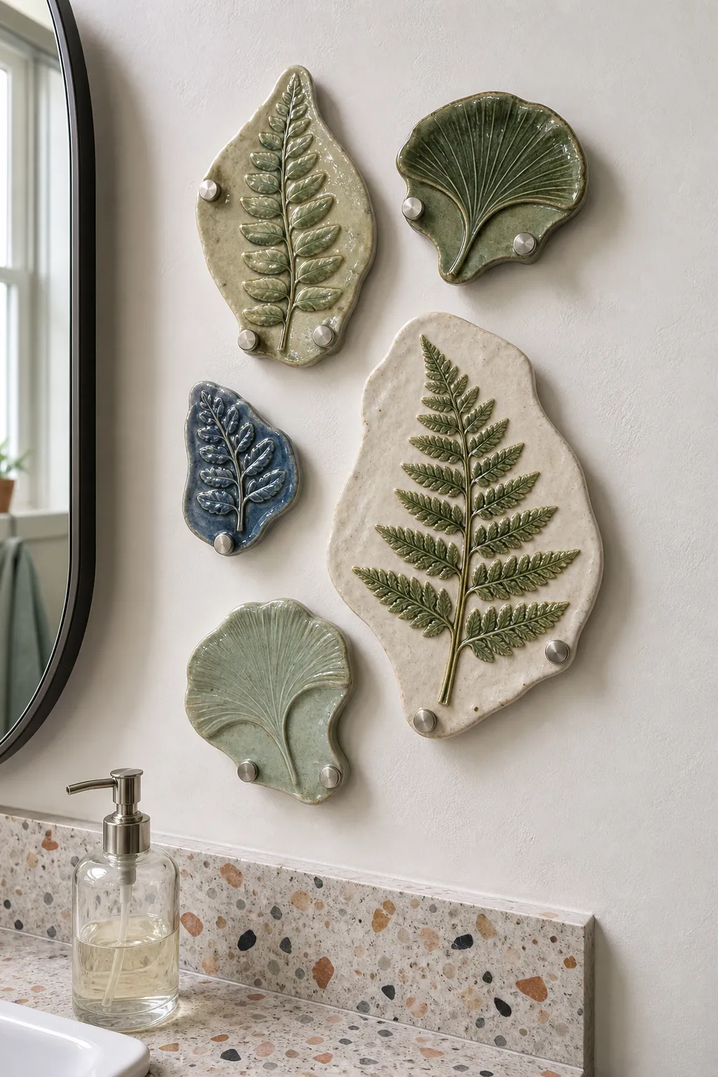 Glazed ceramic bathroom wall art arranged above a vanity