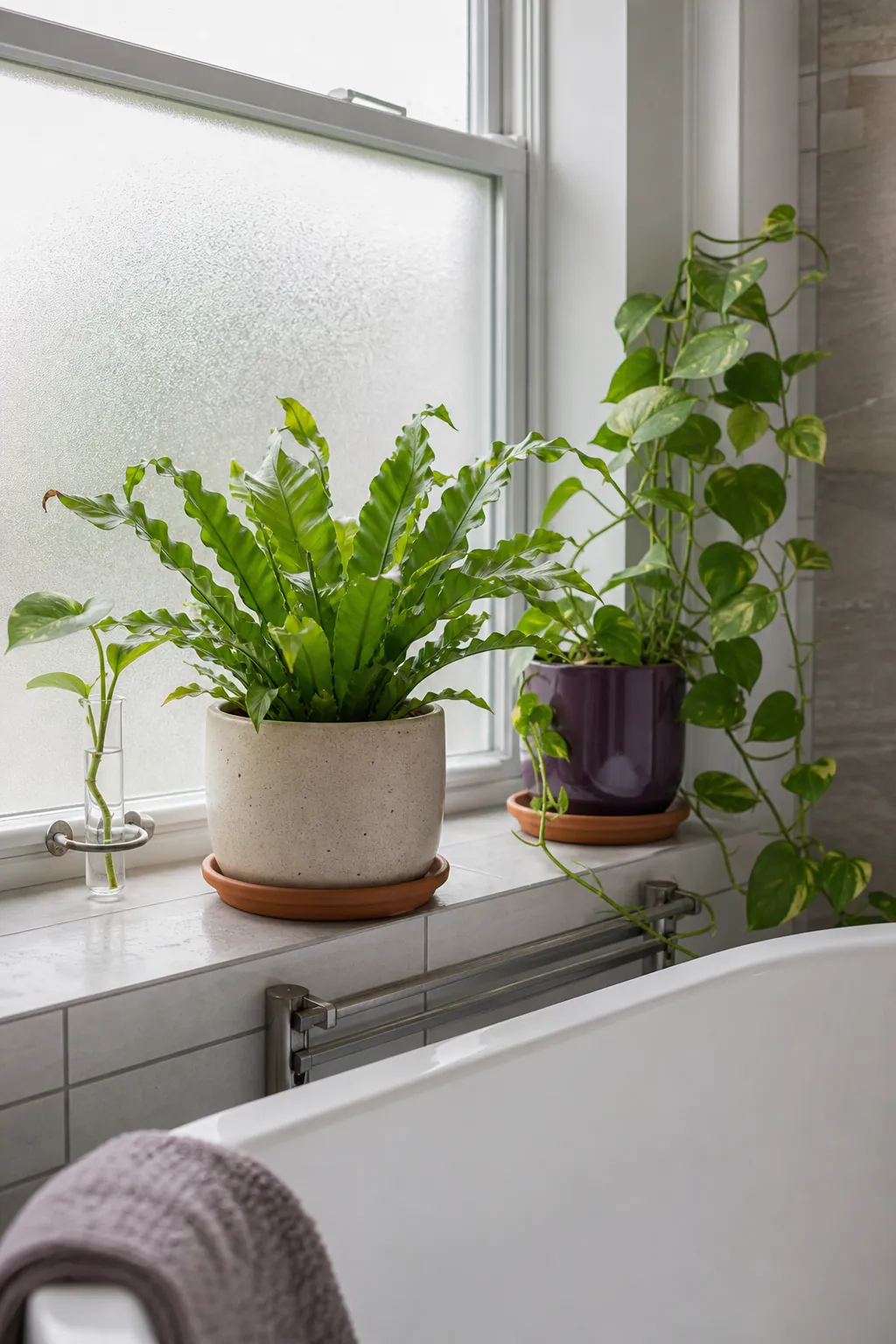 Pothos and bird nest fern on a bright bathroom wall shelf