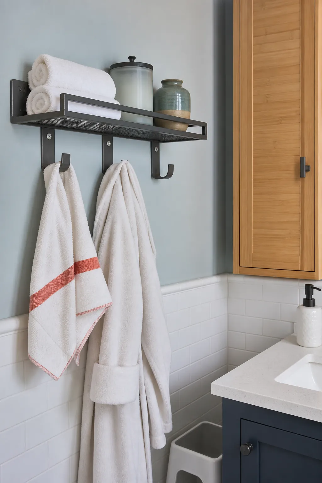 Humidity friendly bathroom wall shelf with towels and closed storage