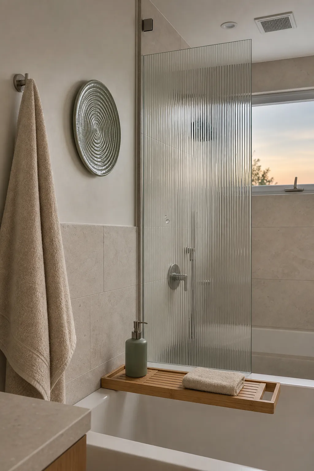 Spa bathroom wall with washable stone tile and ribbed glass textures