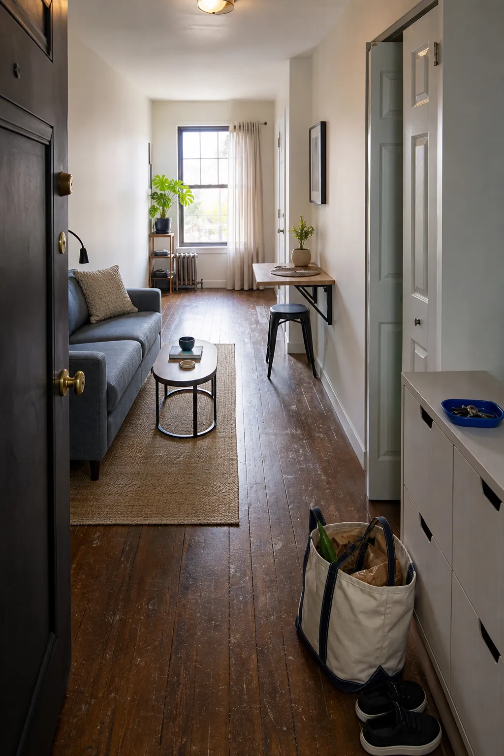 Small apartment interior with a clear walkway between the entry, living area, and window